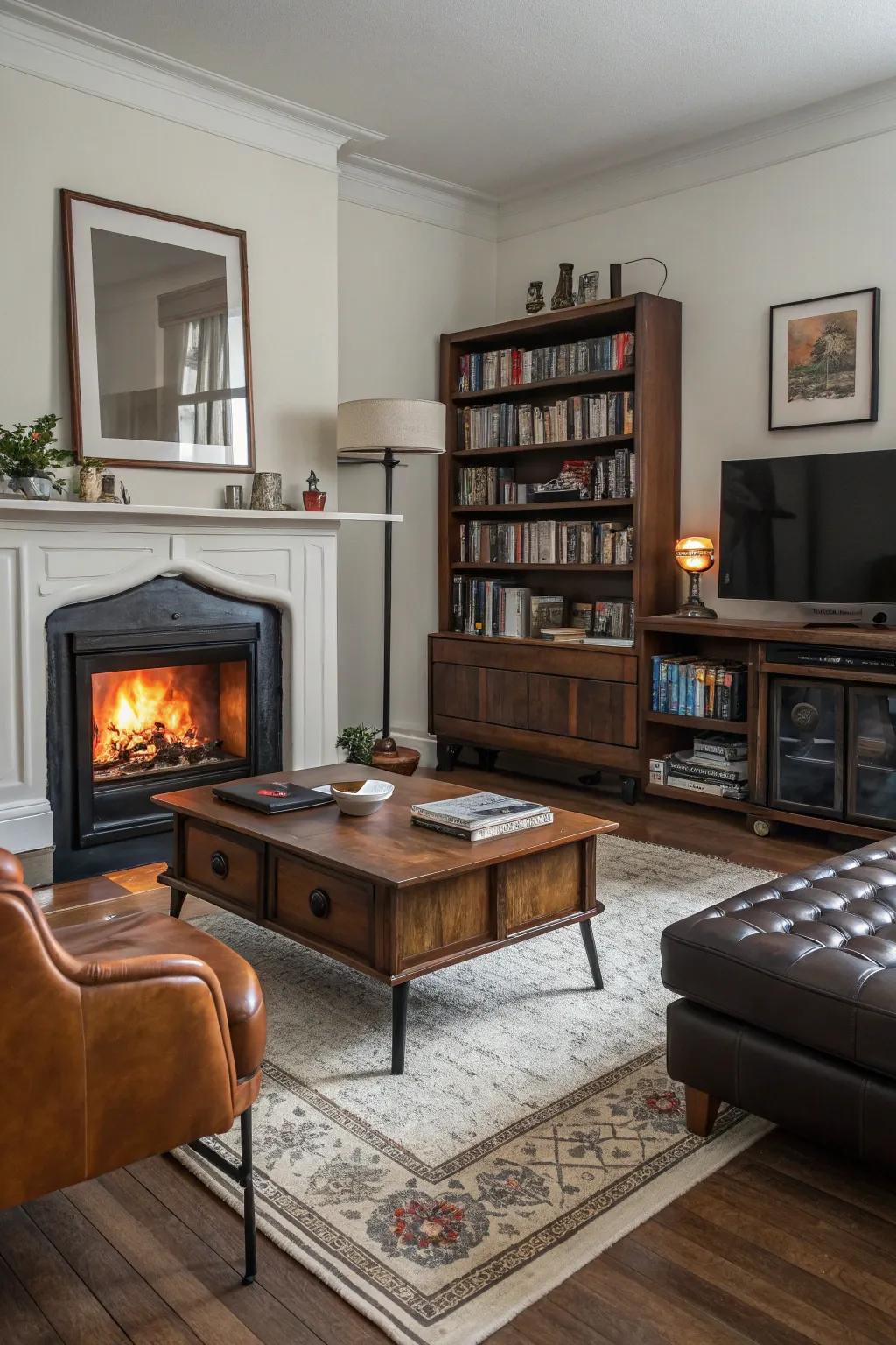 A charming blend of vintage and modern styles with an electric fireplace.