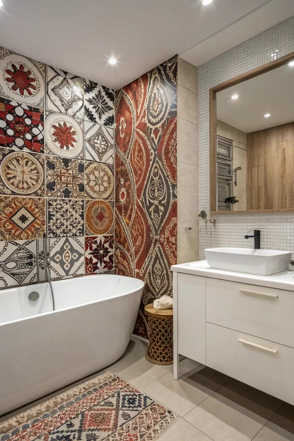 A statement wall injects personality to this elegant bathroom.