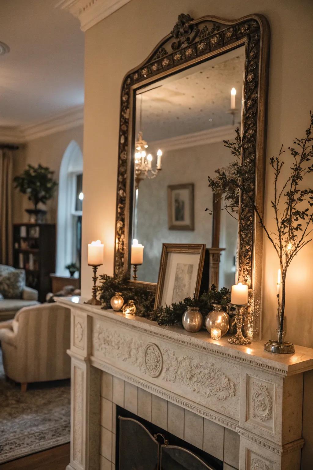 An antique mirror introduces sophistication and depth.