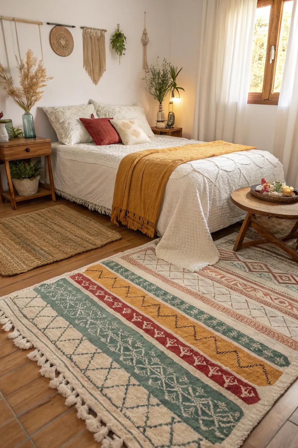 A bedroom showcasing layered rugs in beautifully complementary colors.