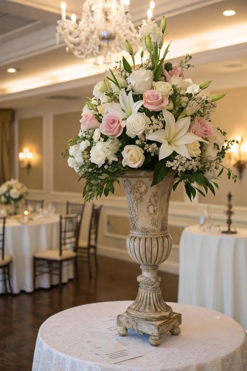 Aged vases along with vintage flowers evoke time-honored natural beauty