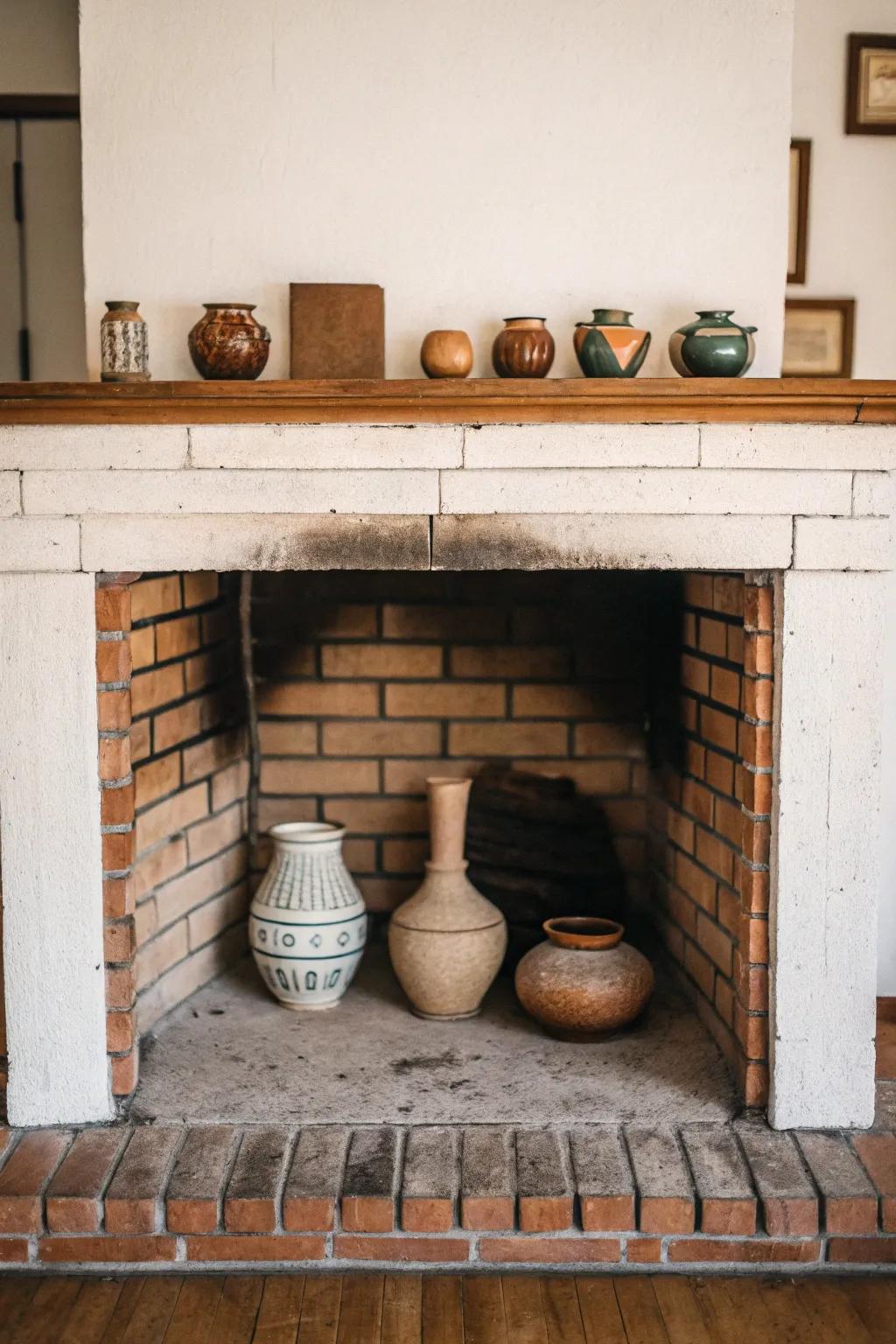 Create a curated display by adding pottery inside your fireplace.
