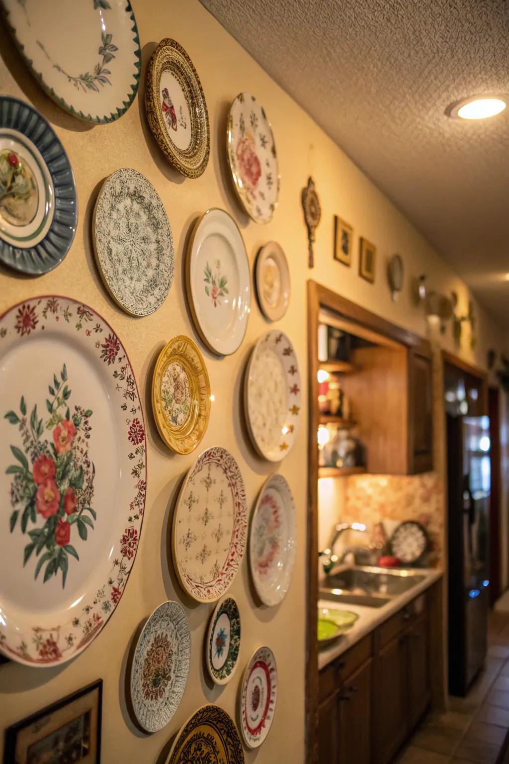 A pleasing exhibit of vintage plates introducing charm to the space.
