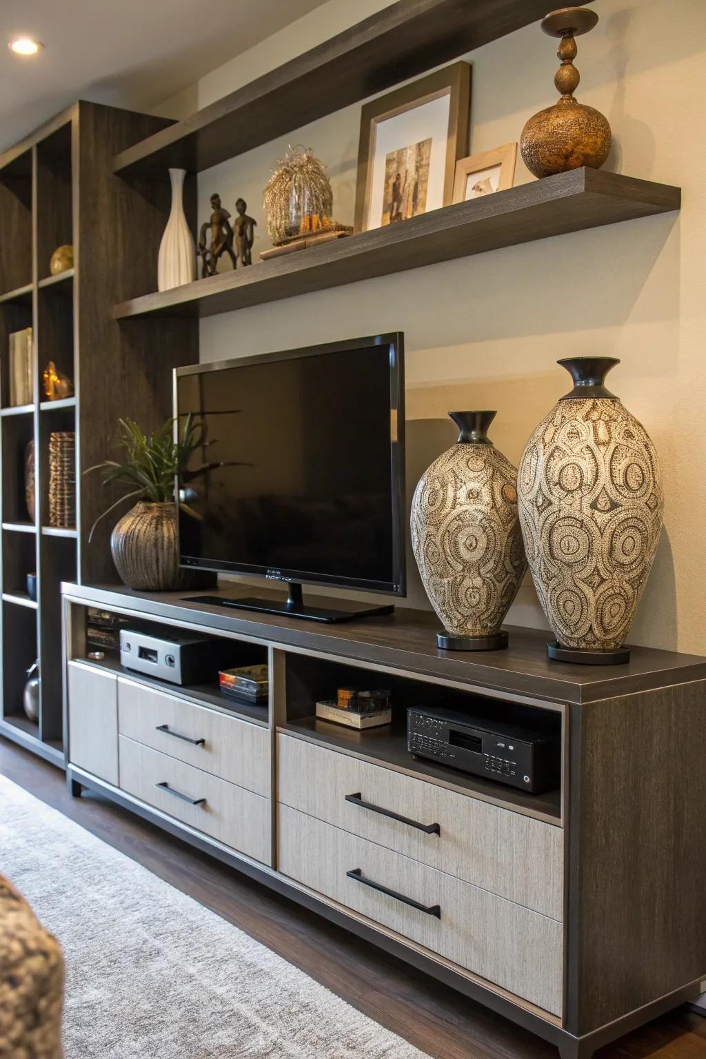 Oversized ornamental items make use of the prime spot on this entertainment station.