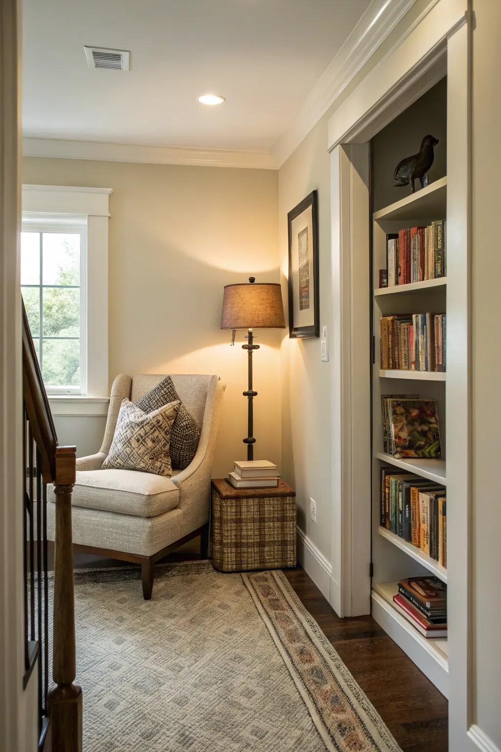 A cozy reading space adds a charming sanctuary to the entryway.