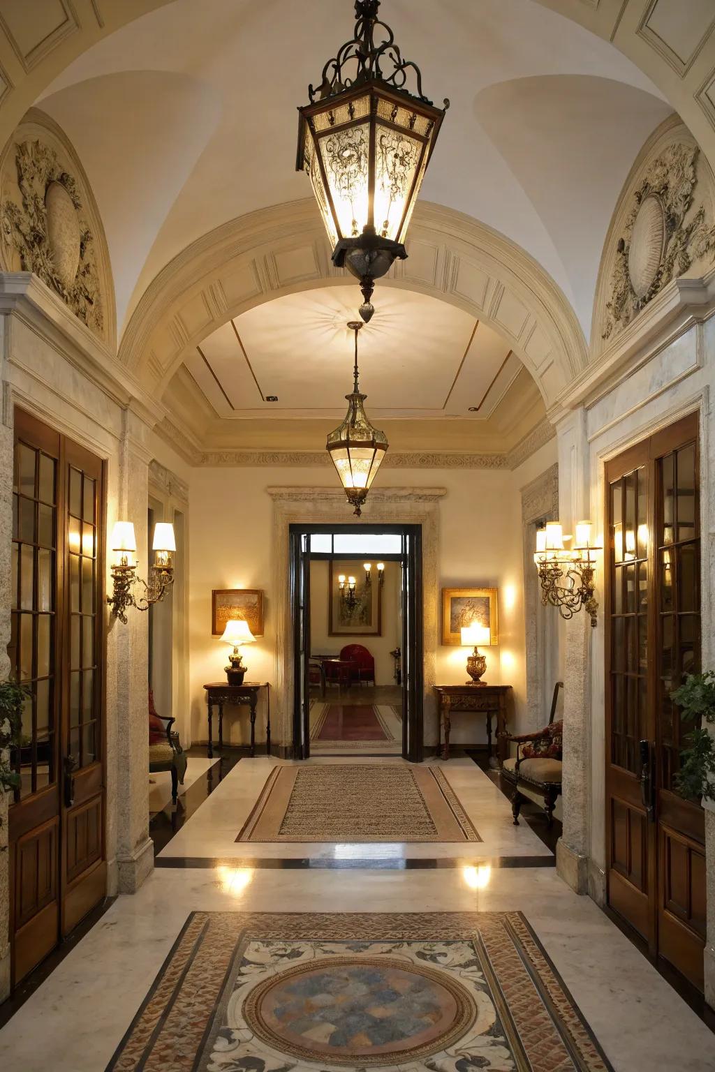 Symmetrical lighting fixtures create a balanced look in this traditional entryway.