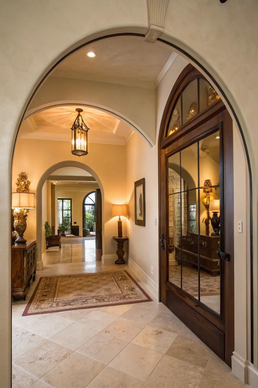 A curved mirror brings organic shapes and beauty to the entrance.