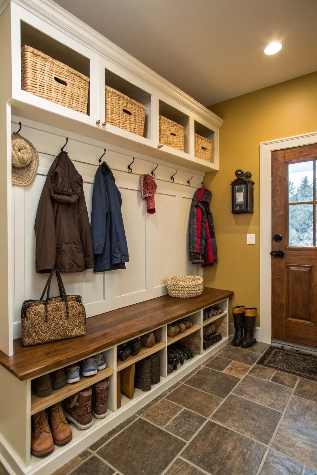 Built-in seating makes the most of space and gives this mudroom a smooth look.