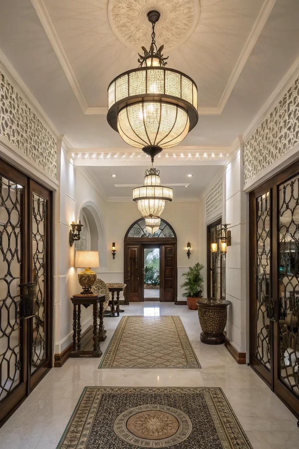 An entryway exhibits contemporary lighting in a traditional arrangement to establish a unique design.