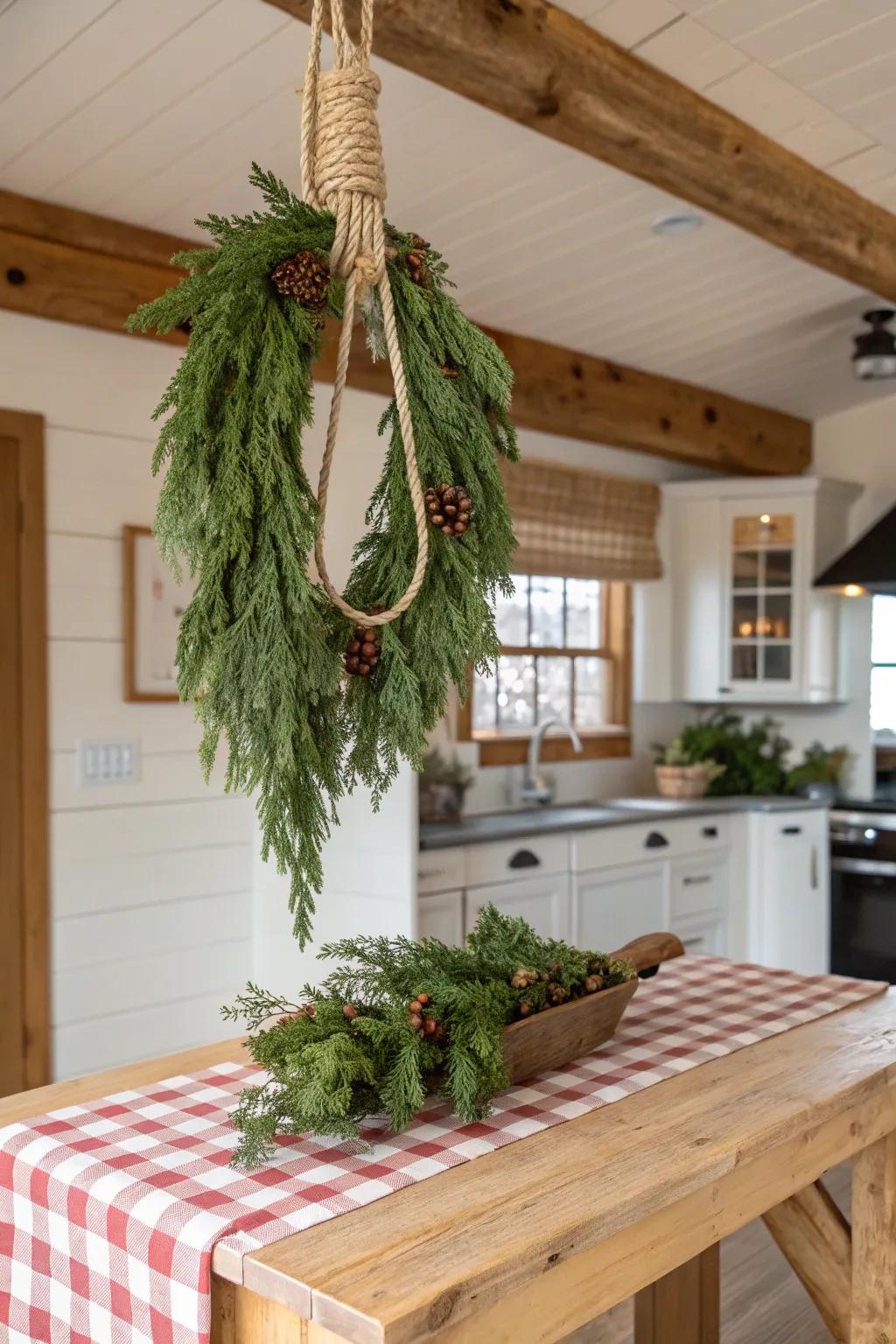 A countryside cascade with cord and twine in a farmhouse cooking area.