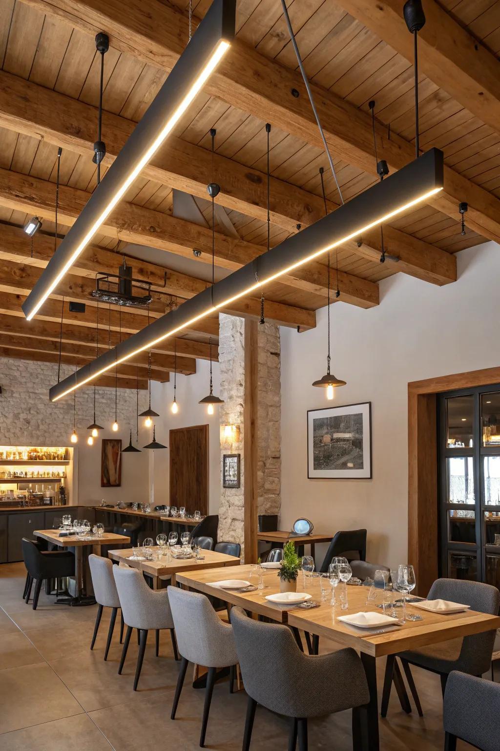 Elegant simpleness with linear lights in a dining space.