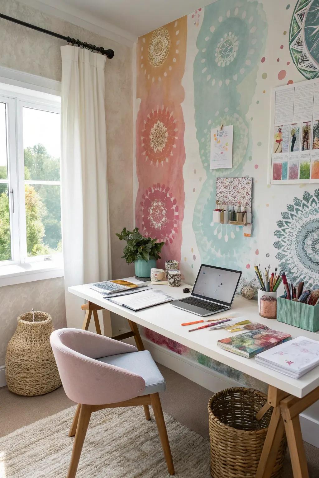 Artistic watercolor designs in fabric wallpaper inspire creativity.
