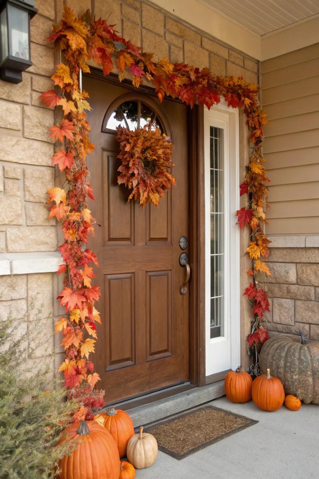 A festoon crafted from leaves and gourds adding a welcoming touch to door frames.