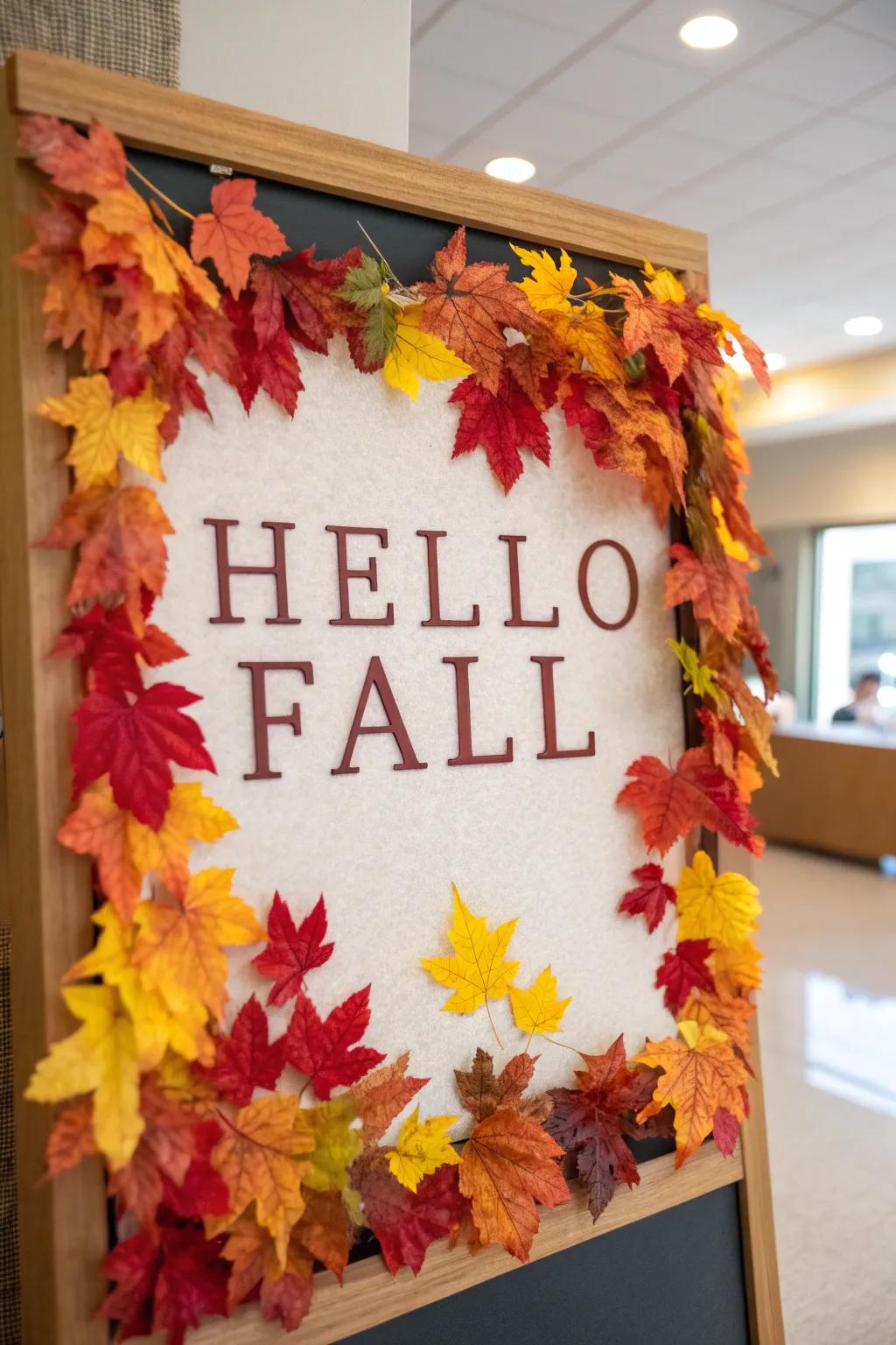 'Hello Fall' - a welcoming bulletin board adorned with leaves.