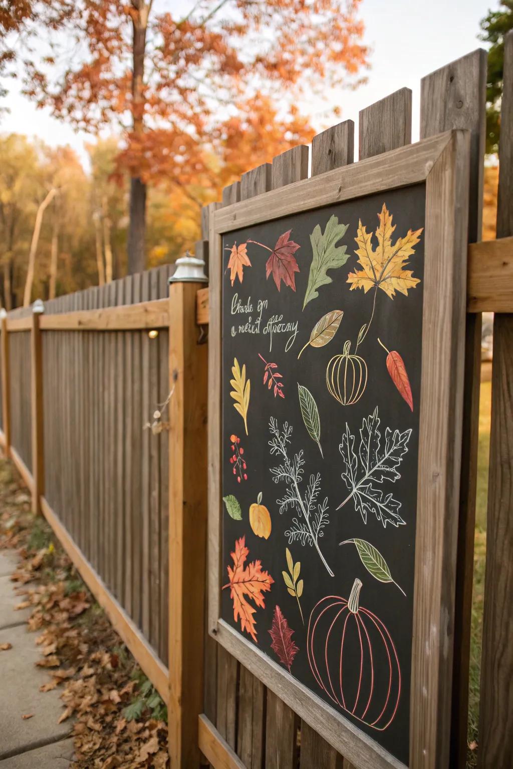 A chalkboard featuring season-inspired drawings contributes charm to the fence.
