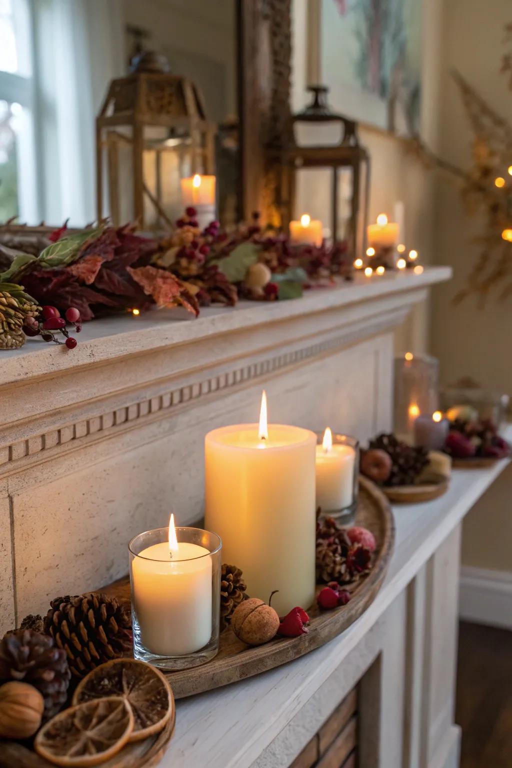 An autumnal mantel with scented lights and potpourri.