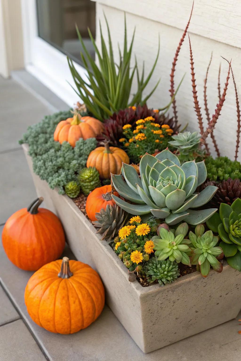 Succulents and gourds offer a contemporary twist on conventional autumnal decor.
