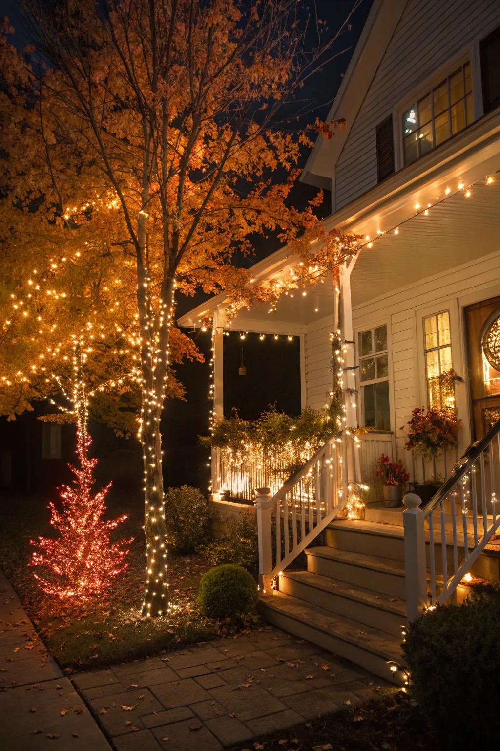 Glimmering seedlings contribute stature and a magical radiance to the autumnal porch.