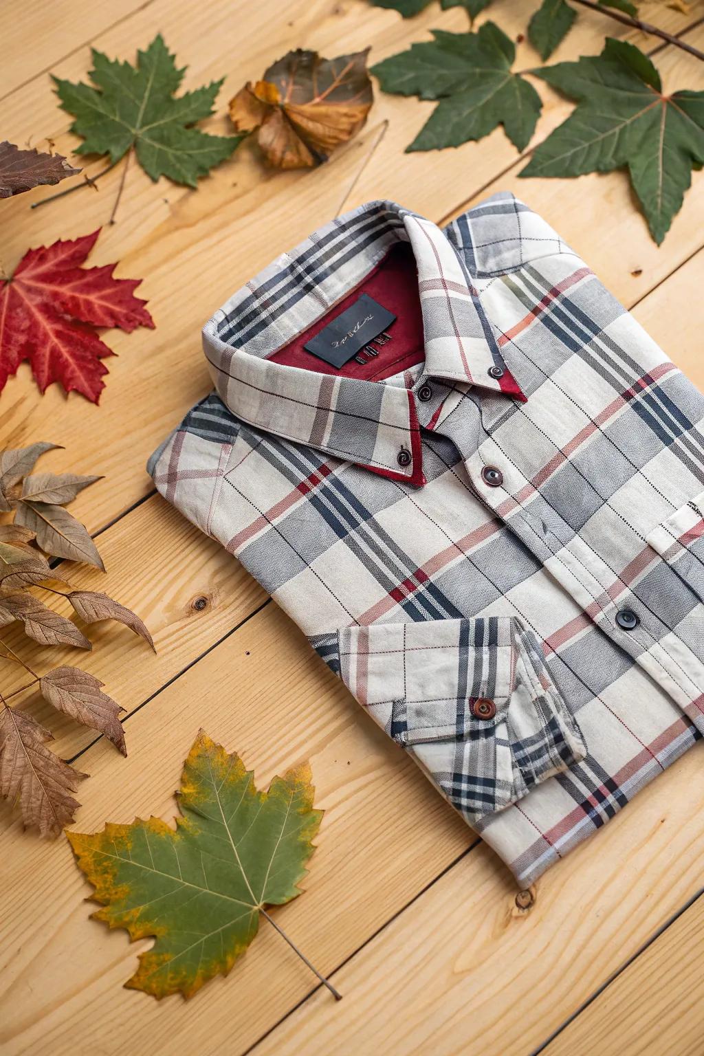 Plaid accents add a stylish touch to any fall shirt.