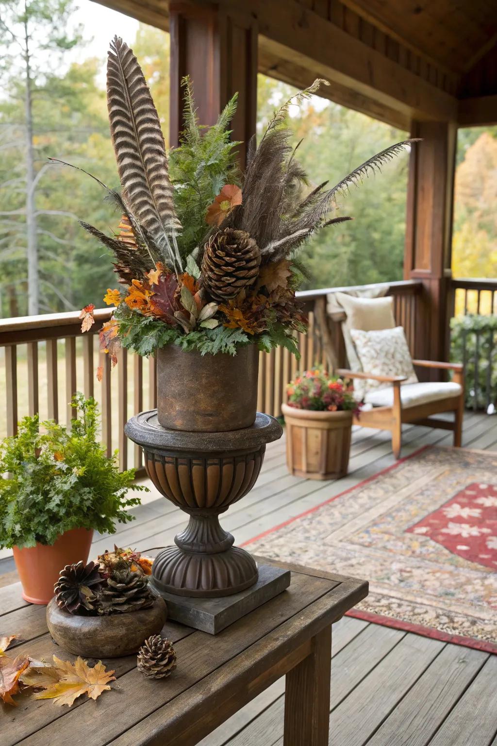 Woodland whimsy with feathers and pinecones in a fall urn.