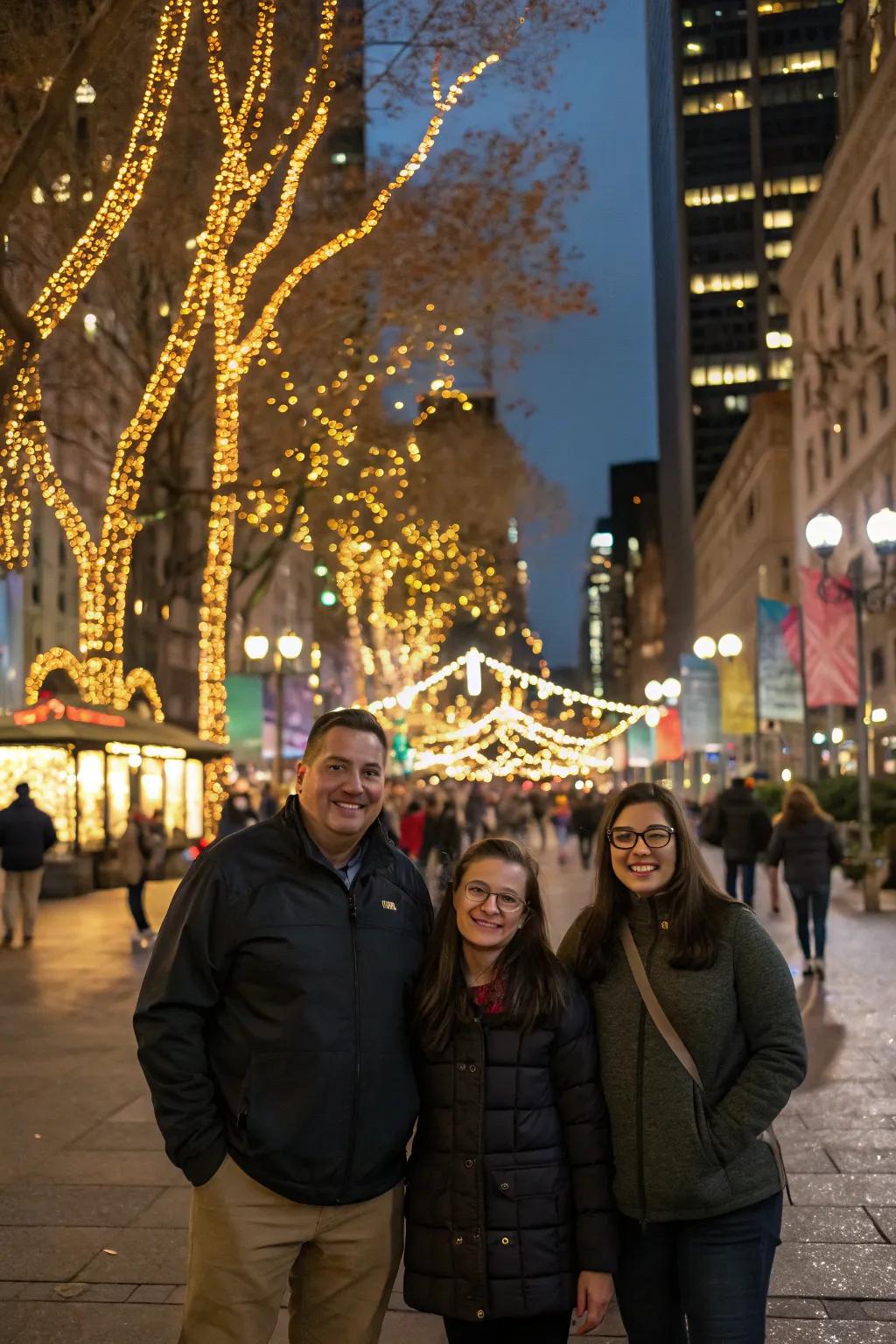 Capture the celebratory city ambiance by utilizing a backdrop showcasing shimmering illumination.