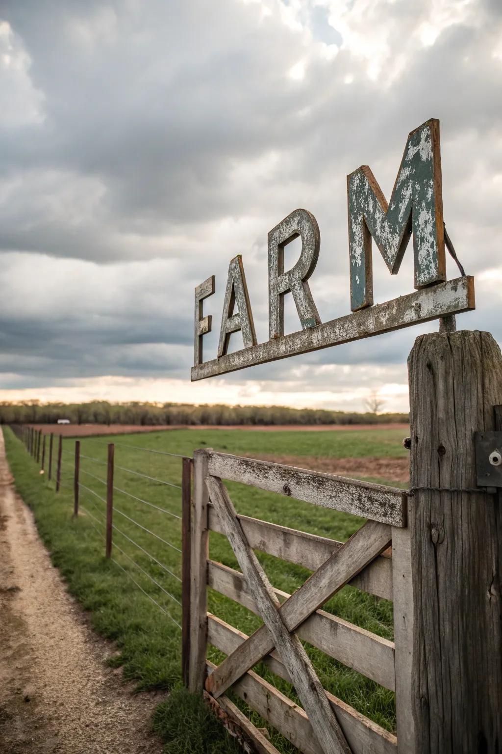 Rustic charm through aged metallic lettering on a farm marker.
