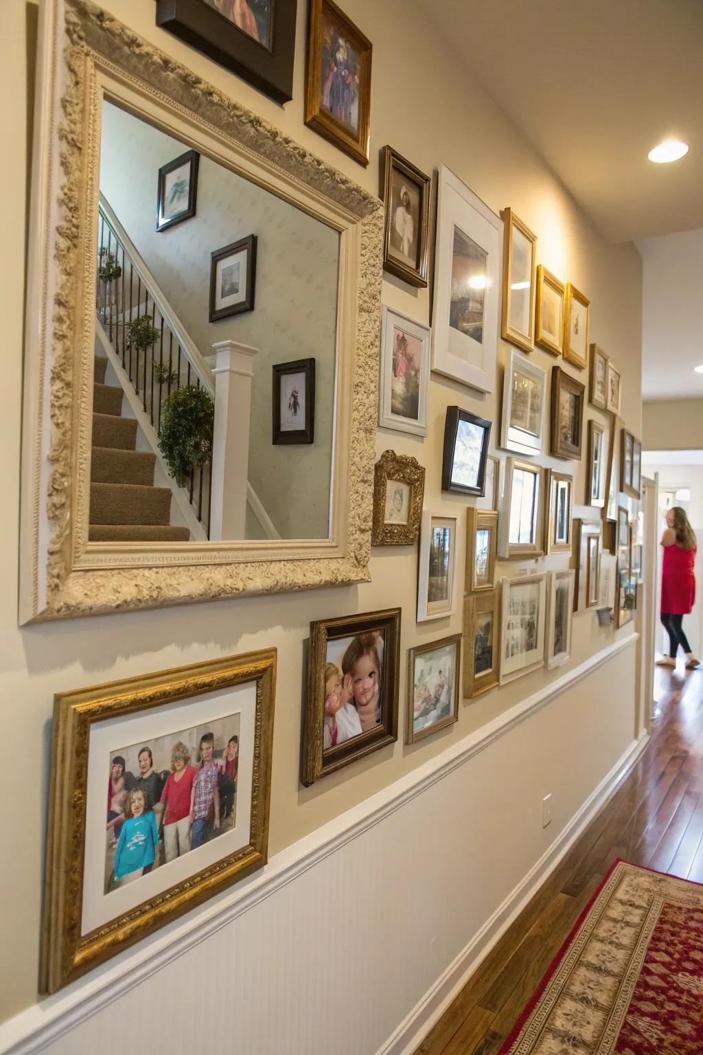 Reflectors adding depth to a family photo wall.