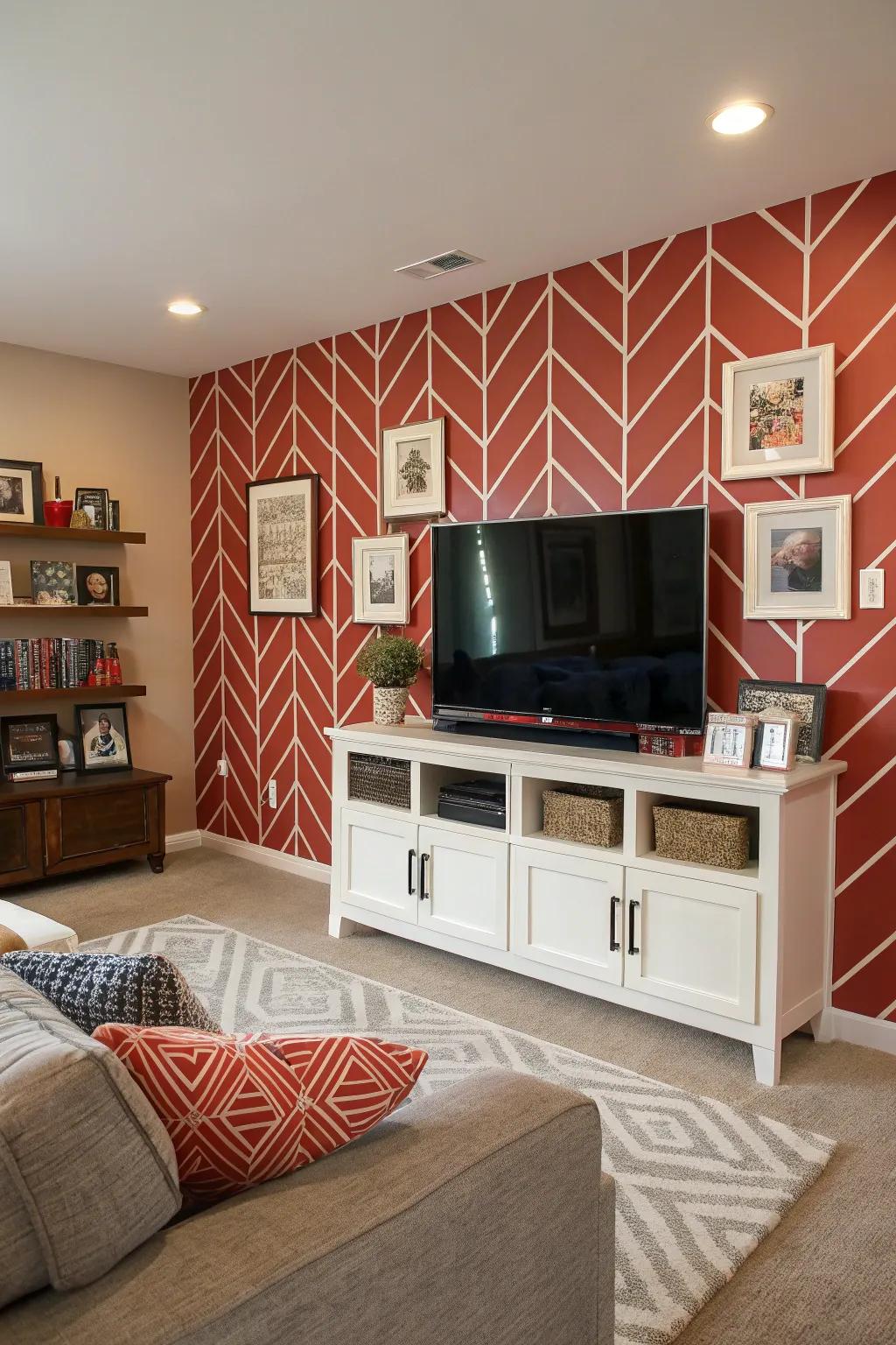 A bold feature wall adds drama and sophistication to the family room.