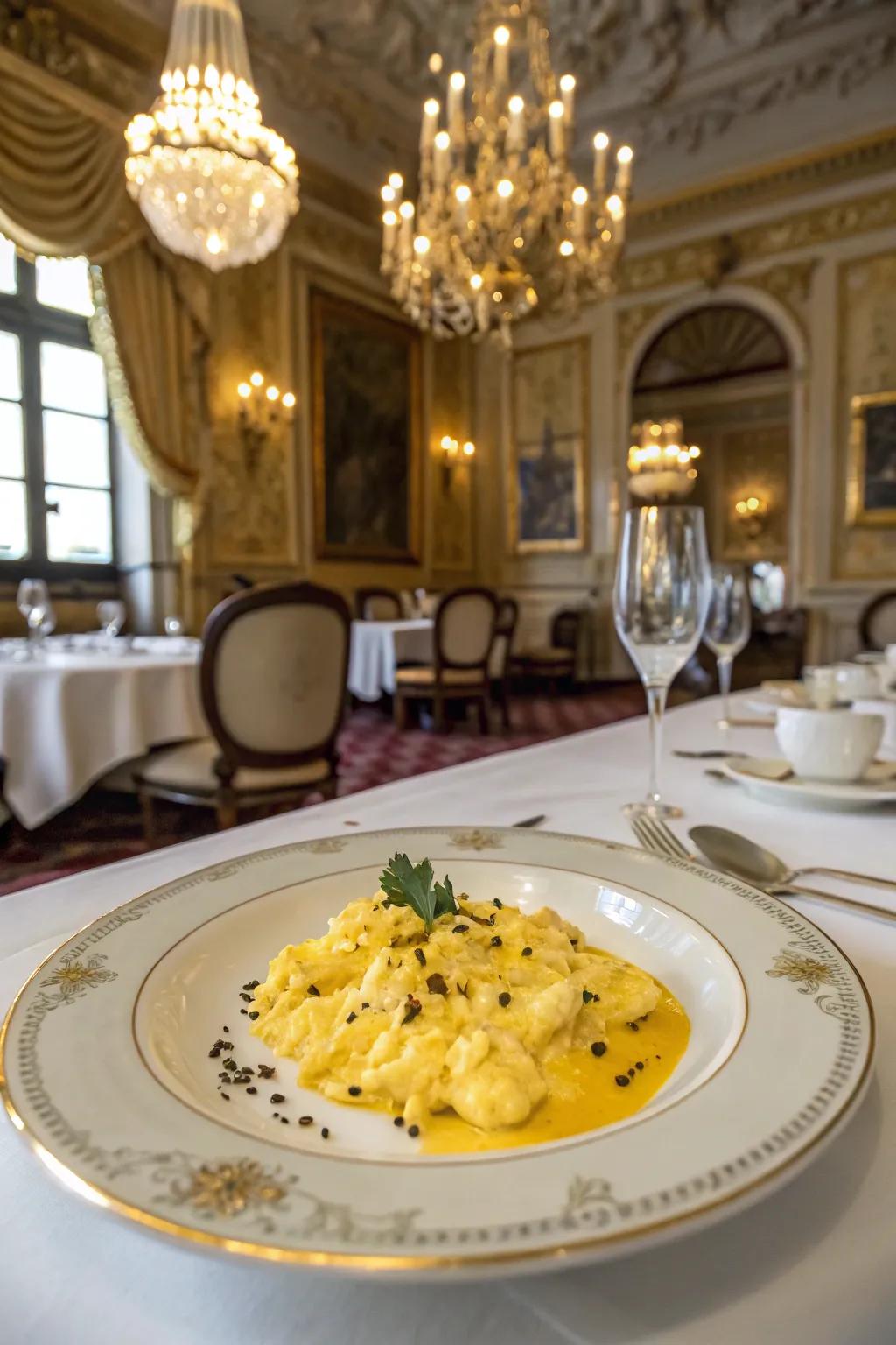 A drizzle of truffle oil transforms scrambled eggs into a gourmet experience.