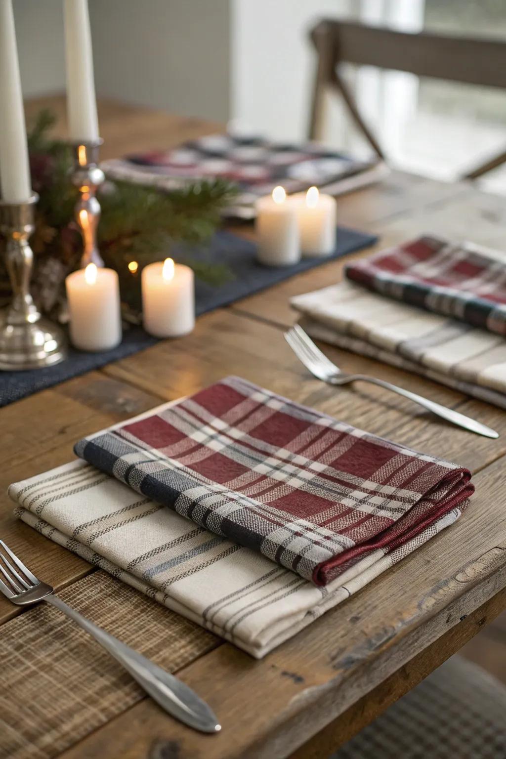 Checkered napkins introduce a splash of pattern and snug sensation.