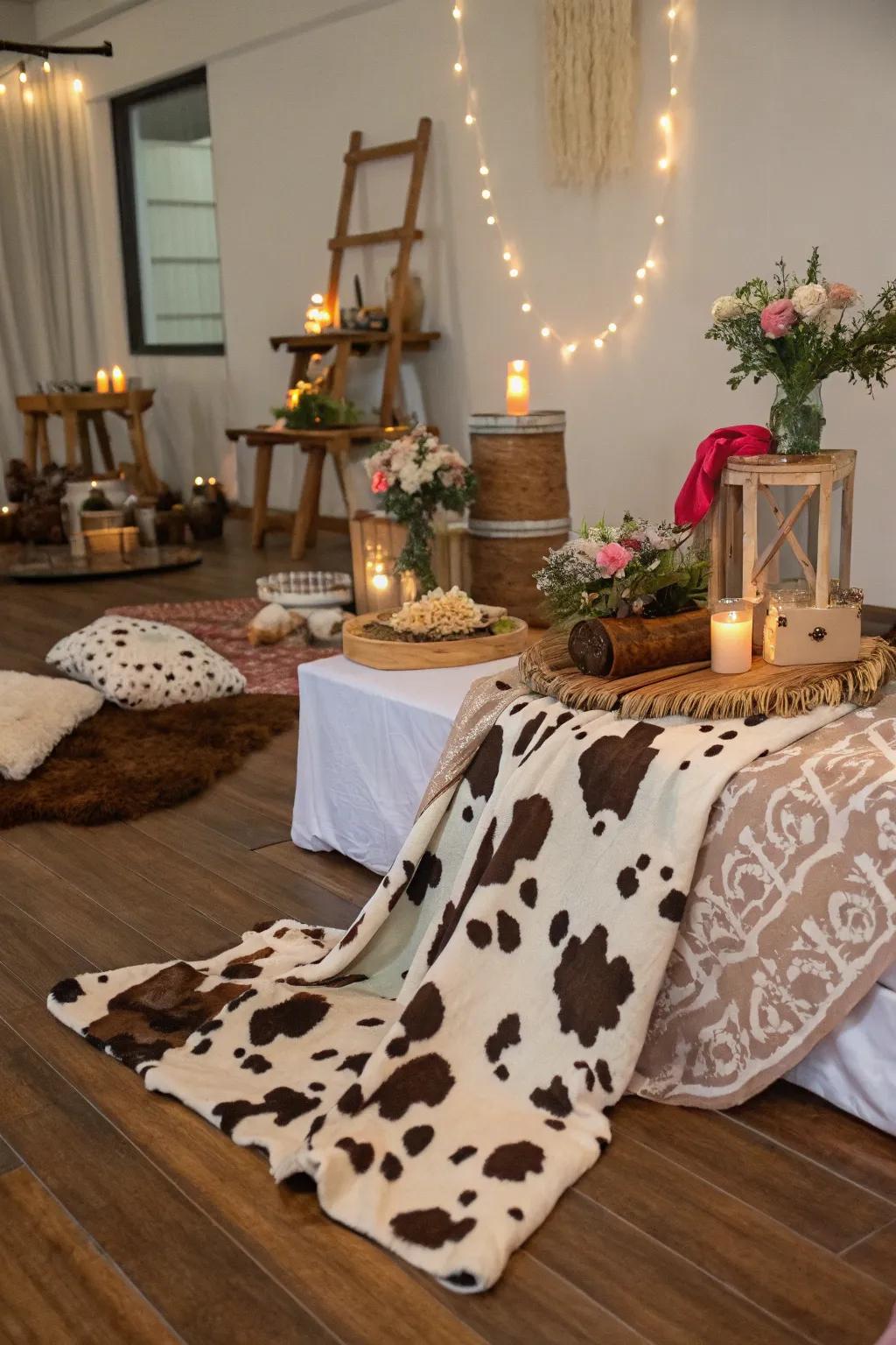 Animal skin pattern embellishments contribute an elegant and thematic element to the festivity.