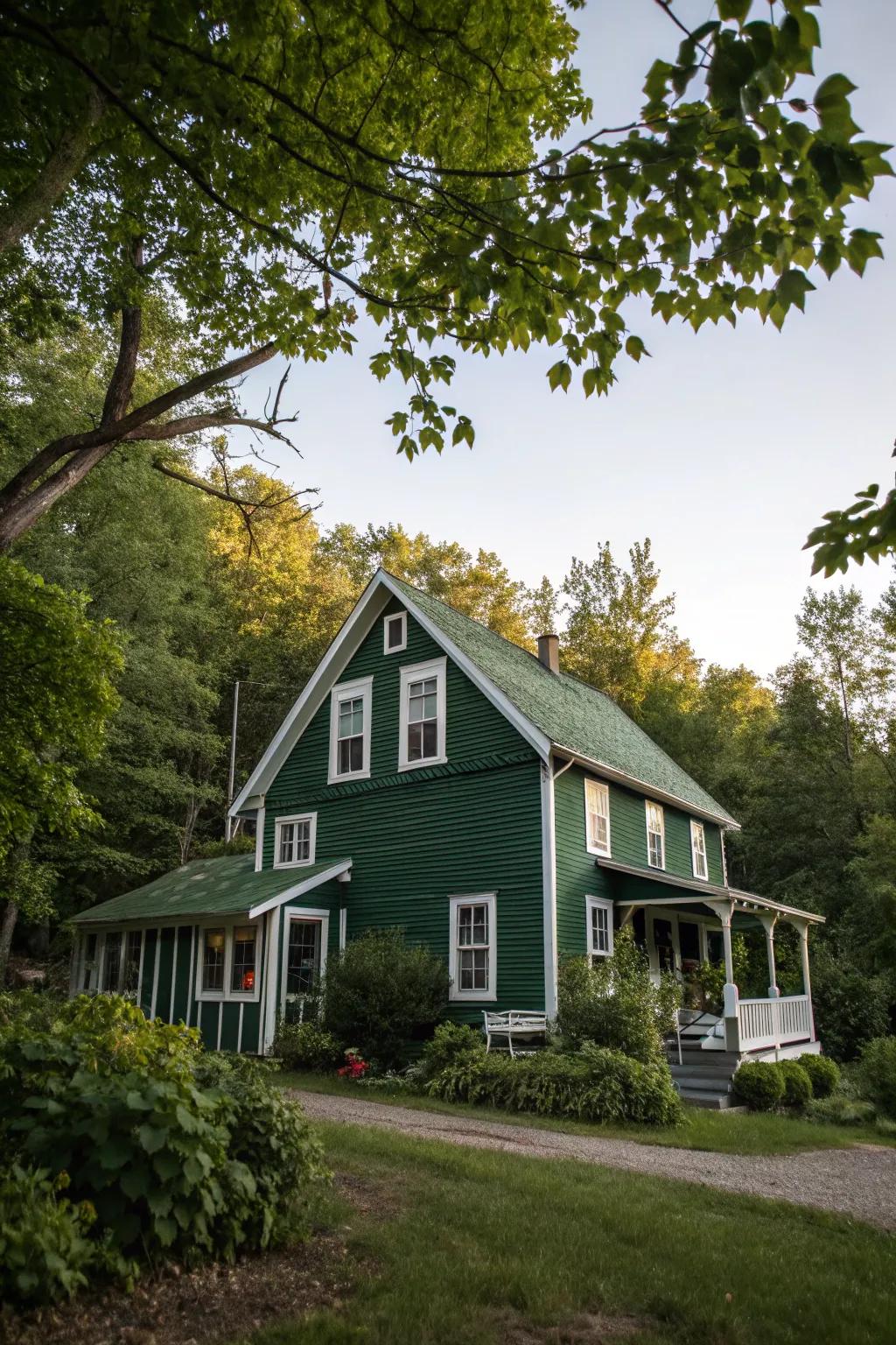 Deep forest green adds a serene and natural touch to this farmhouse.