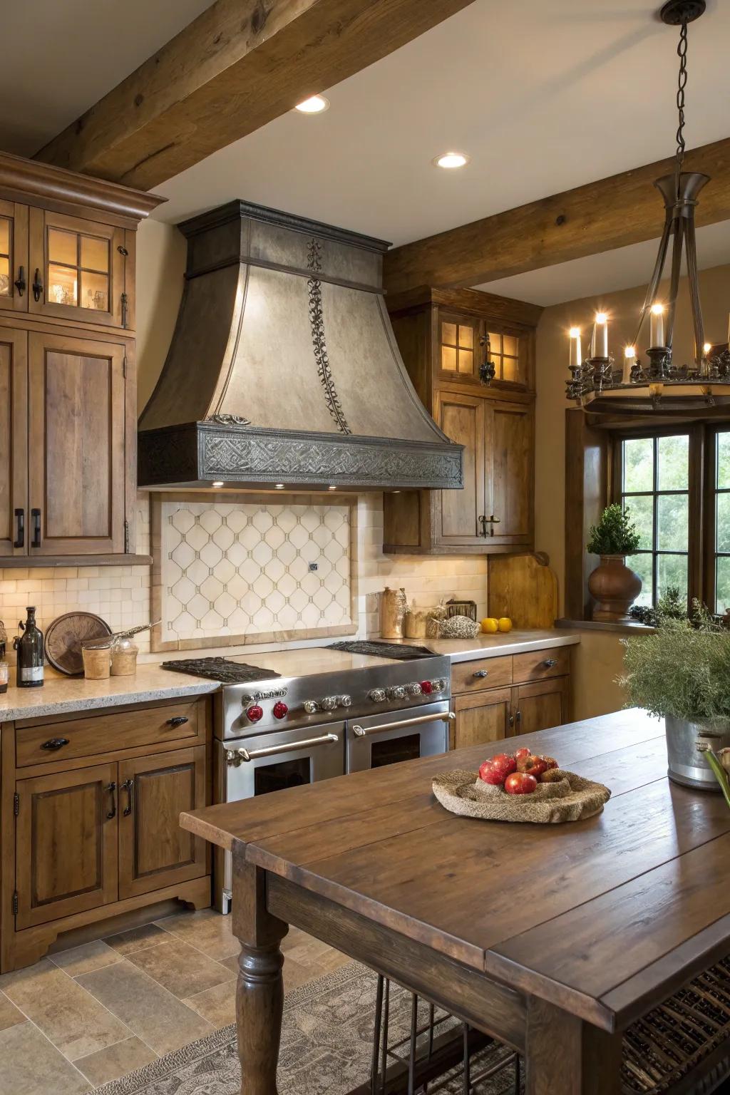 A farmhouse kitchen featuring a custom metal range area.