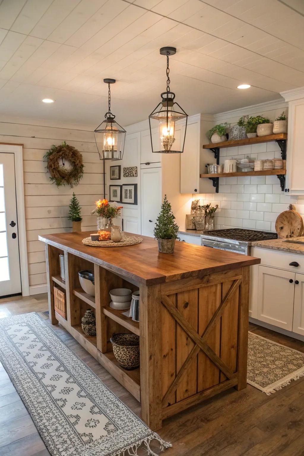 Overlapping board paneling adds dimension and texture to the country cooking centerpiece.