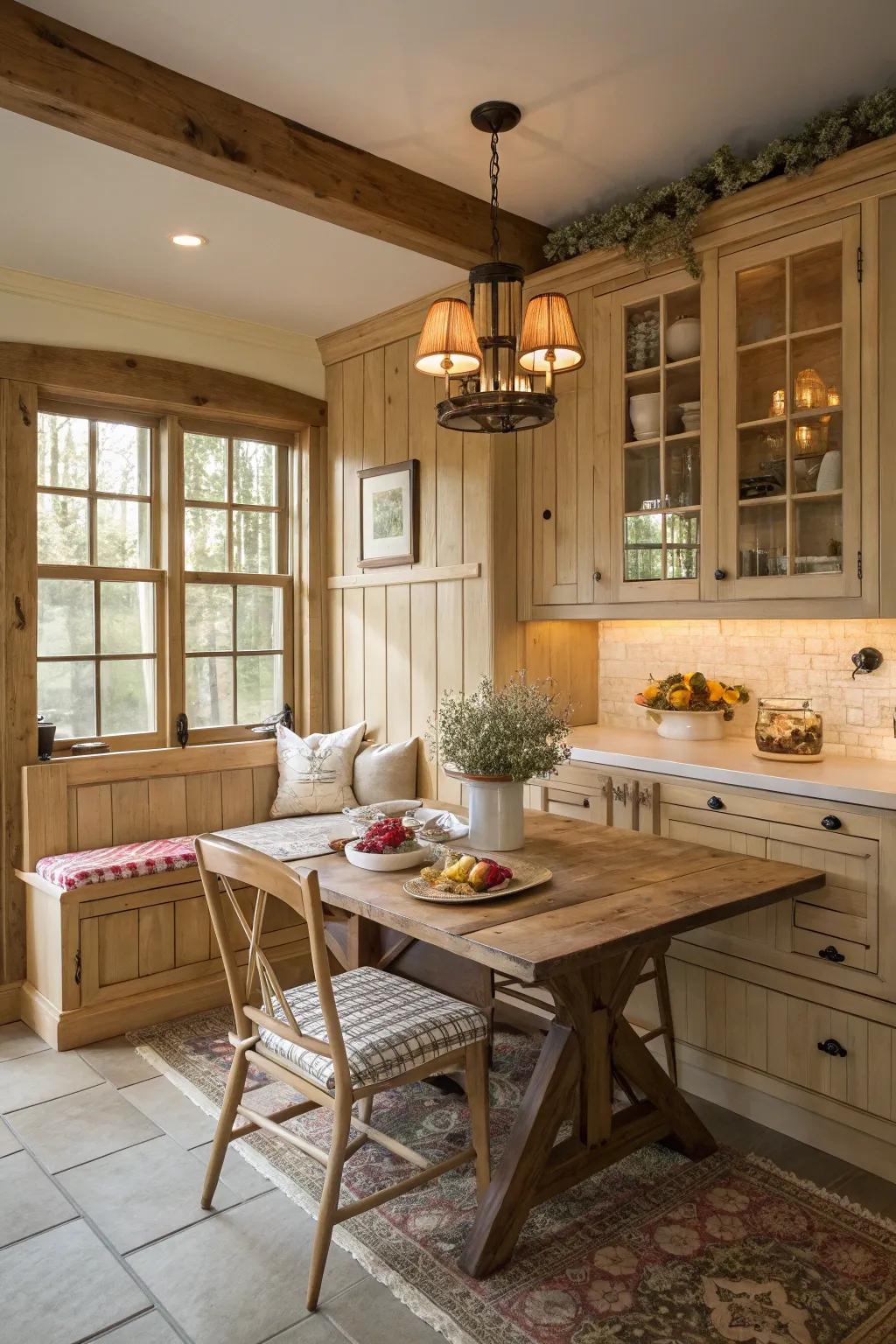 A cozy breakfast nook adds warmth to a kitchen with light wood cabinets.