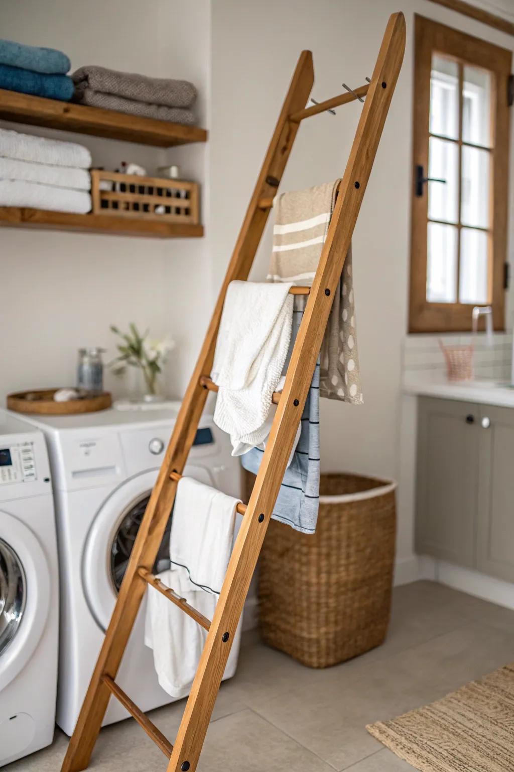 A space-saving laundry solution featuring a ladder