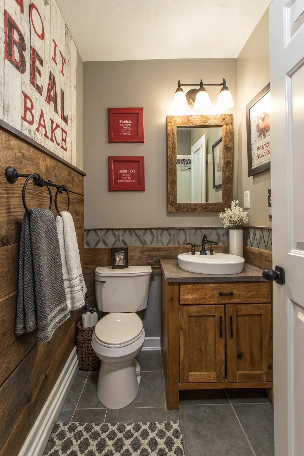 A feature wall introduces a dramatic point of focus to this farmhouse bathroom.
