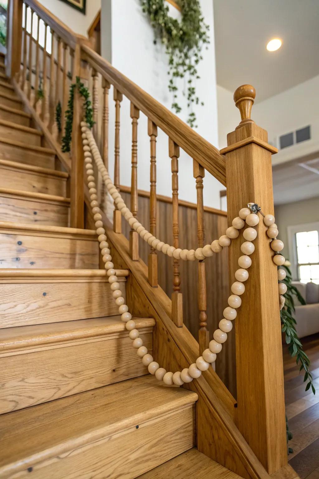 Staircase railing embellished with wood bead garland.