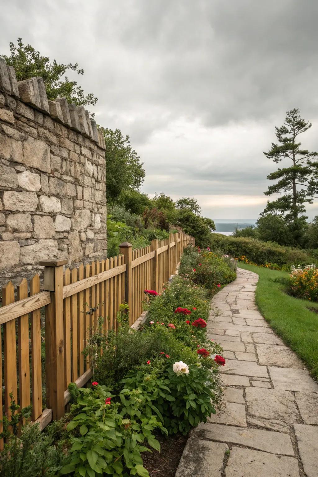 Blend sturdiness and style by using stone and timber fences.