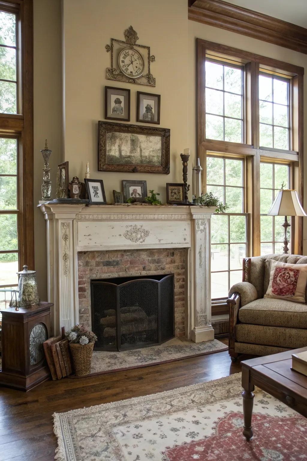 Vintage elements contribute a sense of history and charm to this fireplace design.