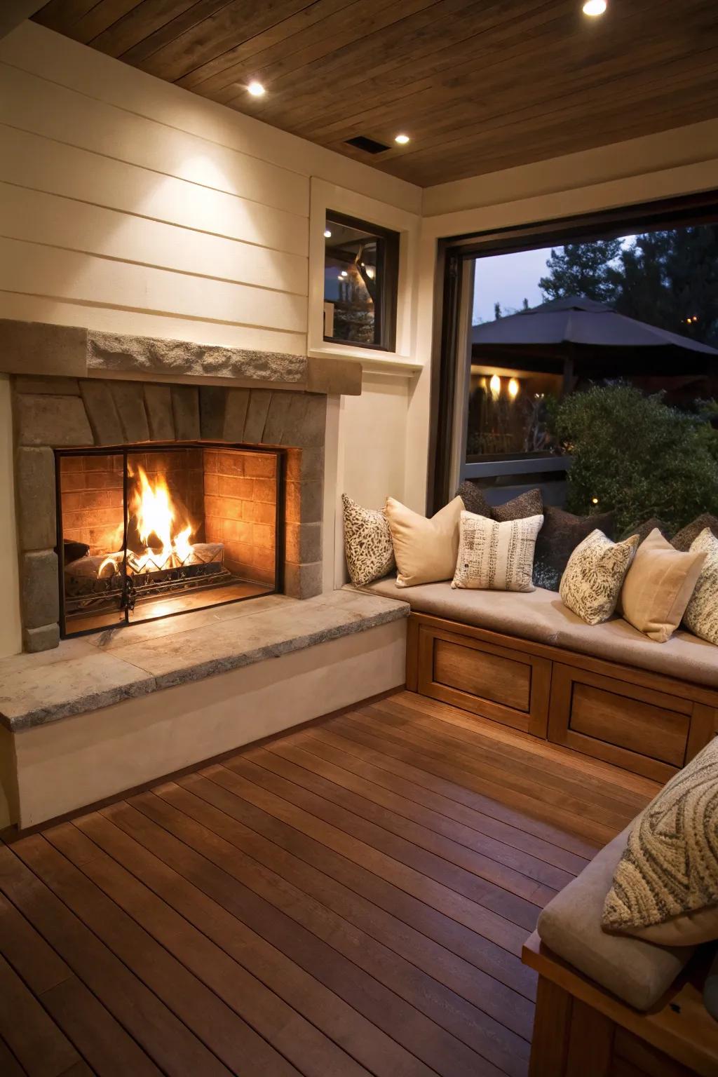 Built-in seats establish a comfortable and functional space around the fireplace.