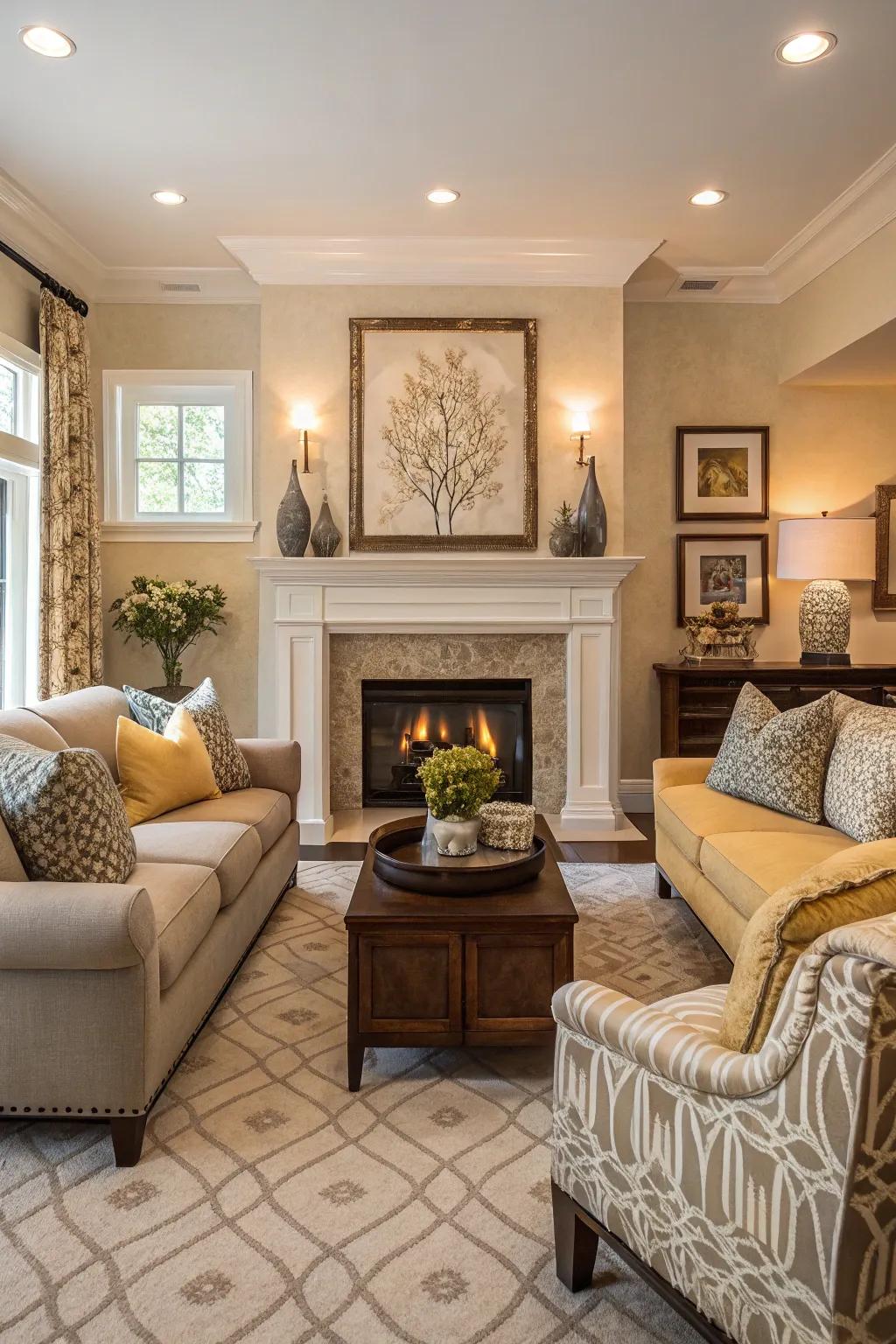 A harmonious lounge featuring a central fireplace and color-coordinated decor.
