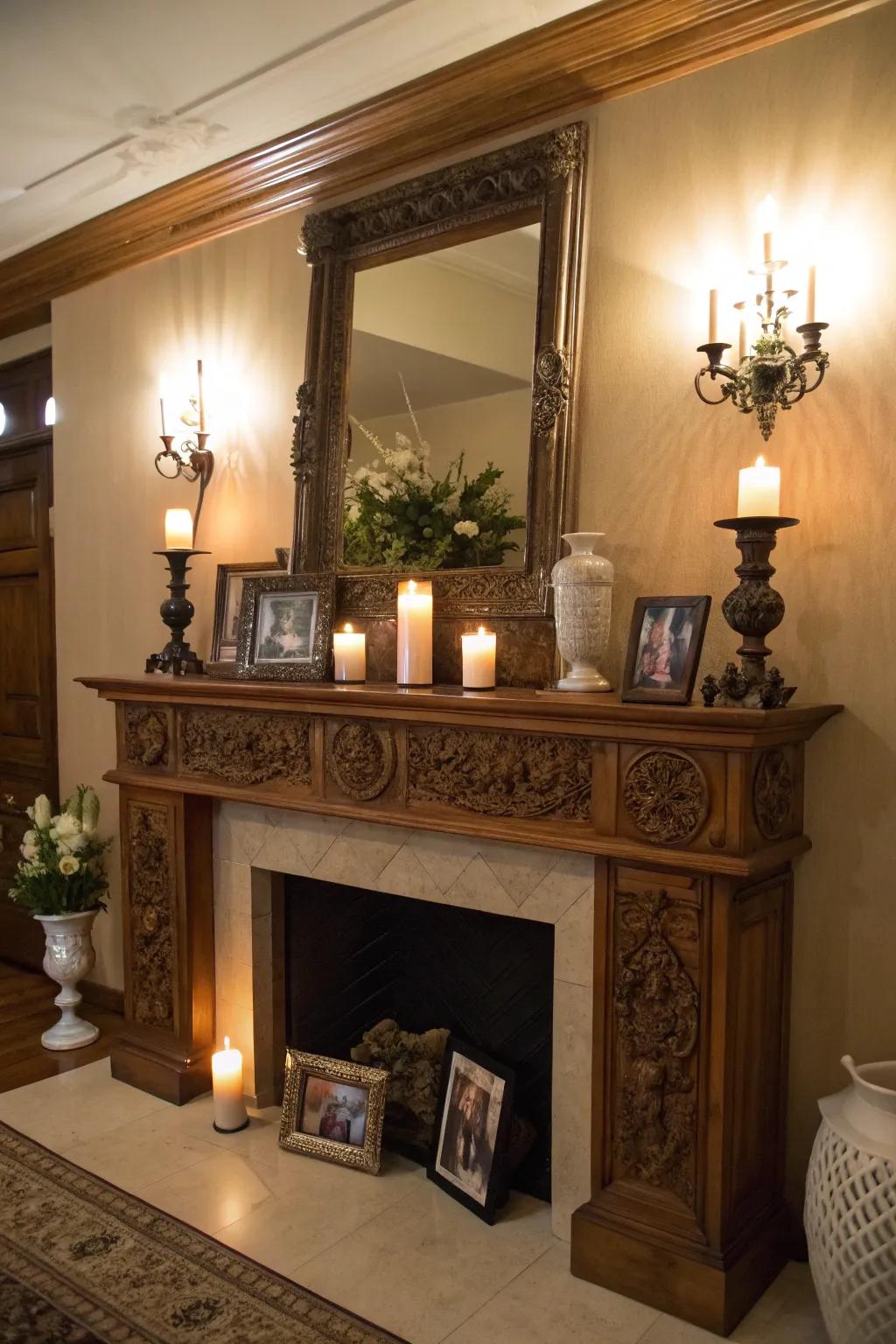 A beautifully lit mantel that draws attention to its decor.
