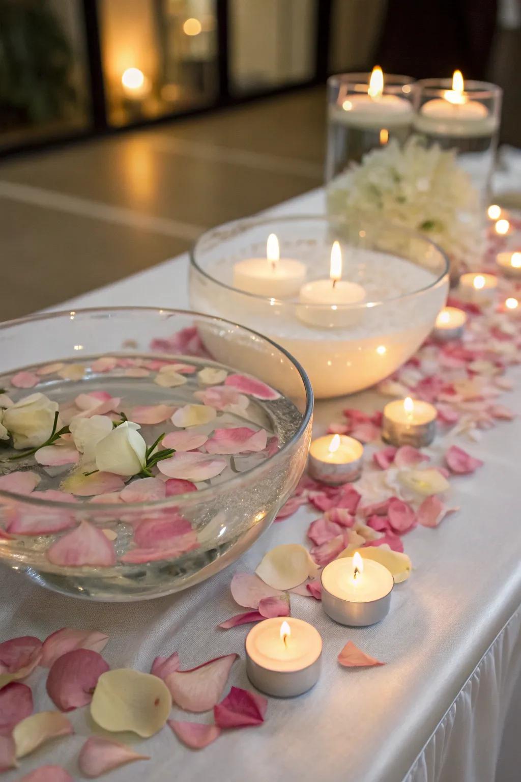 Unique centerpieces with floating candles design a serene and elegant atmosphere.