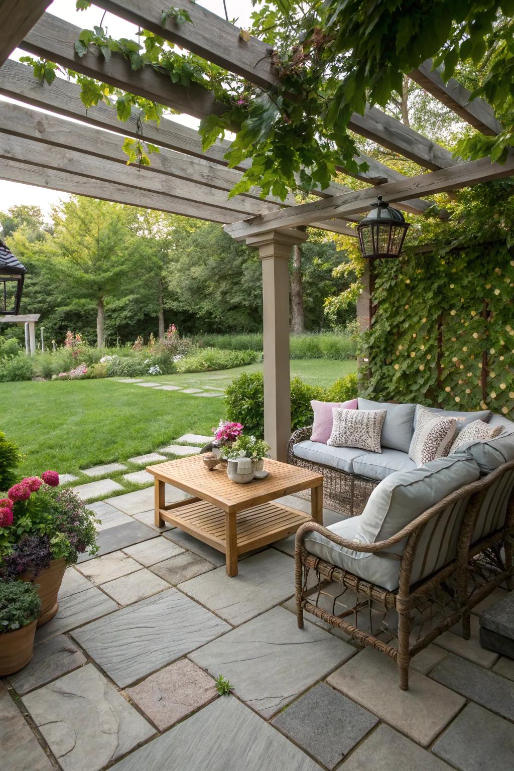 A secluded sitting nook on a flagstone patio.