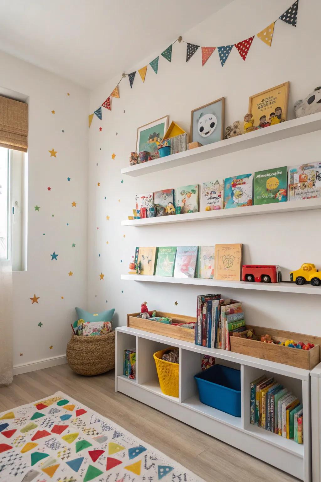 Kids' room featuring playful floating shelf organizers.