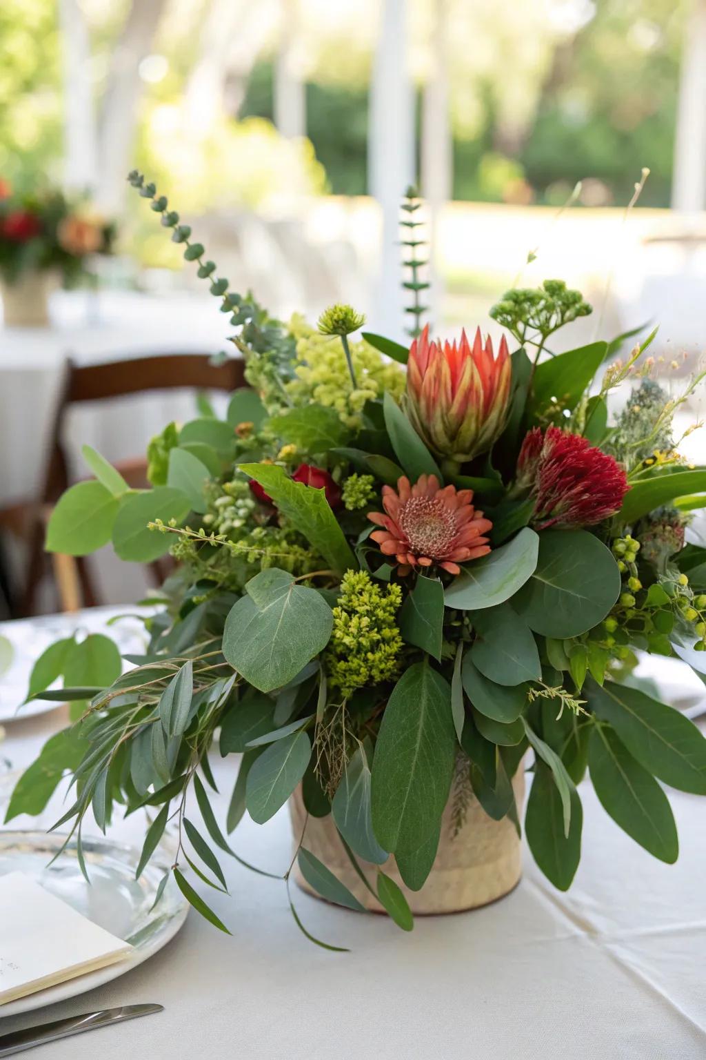 A floral centerpiece with an abundance of foliage on a table.