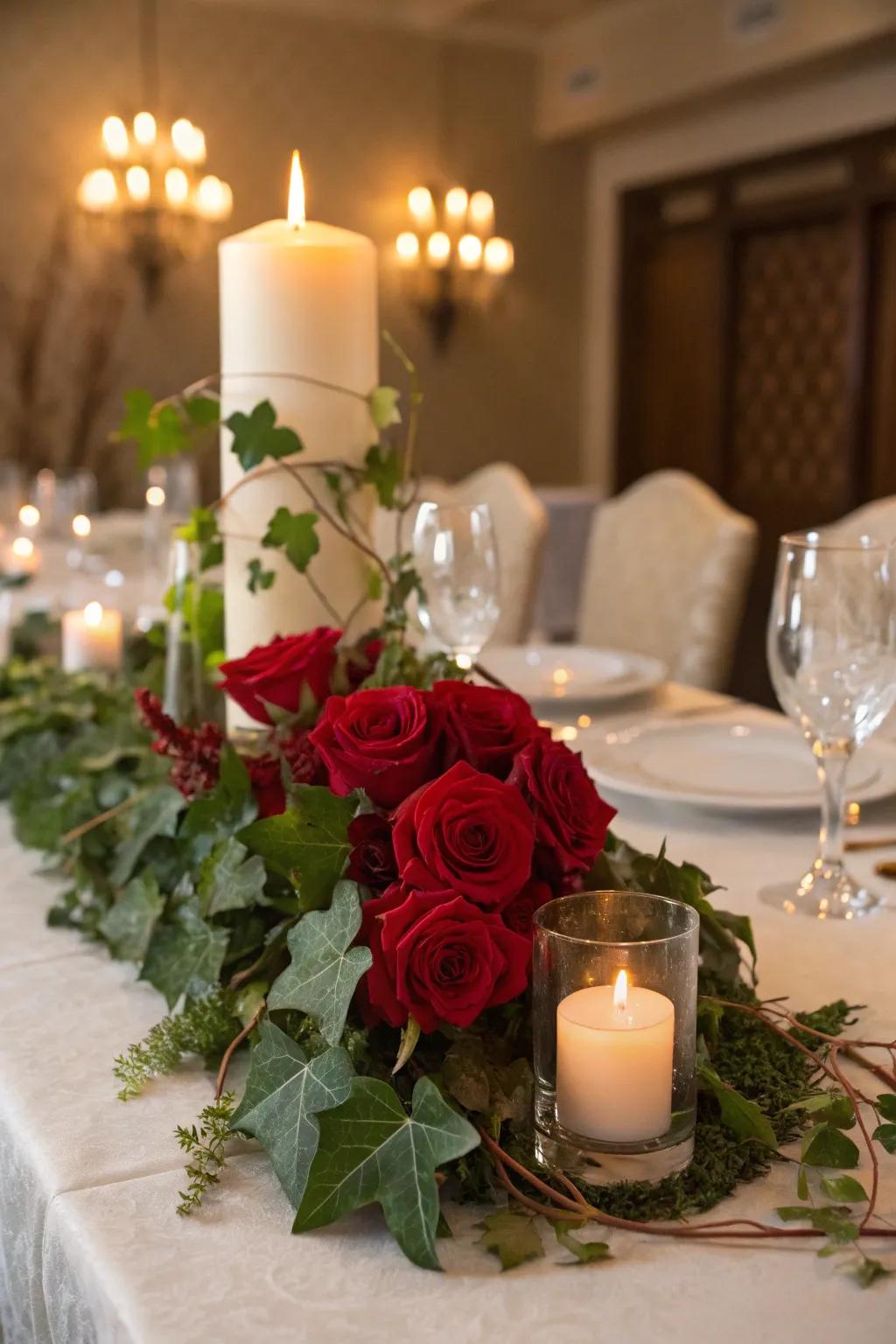 Romantic flame-lit display focal point, ideal for crafting an intimate dining experience.