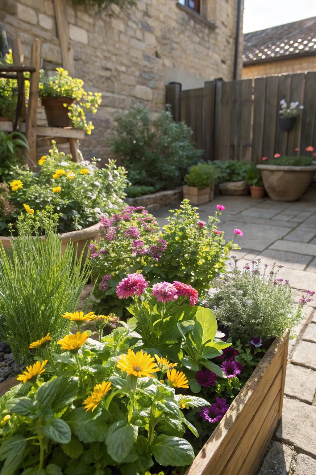 An edible flower garden offers visual and culinary delights.