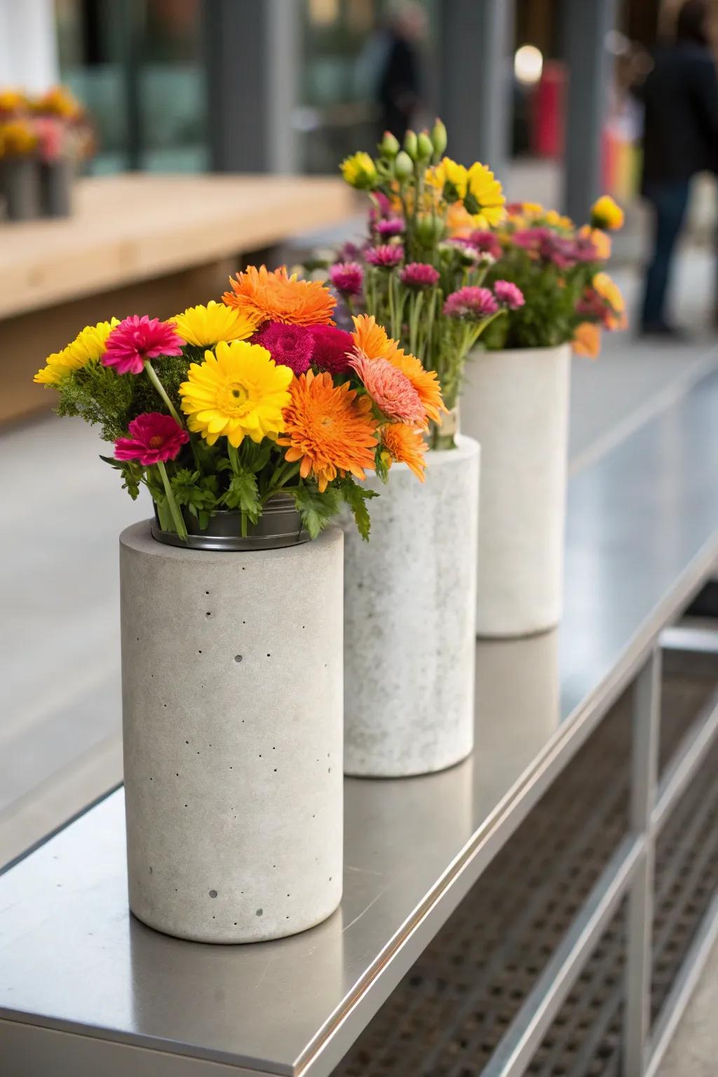 Modern meets down-to-earth with solid cement column holders.